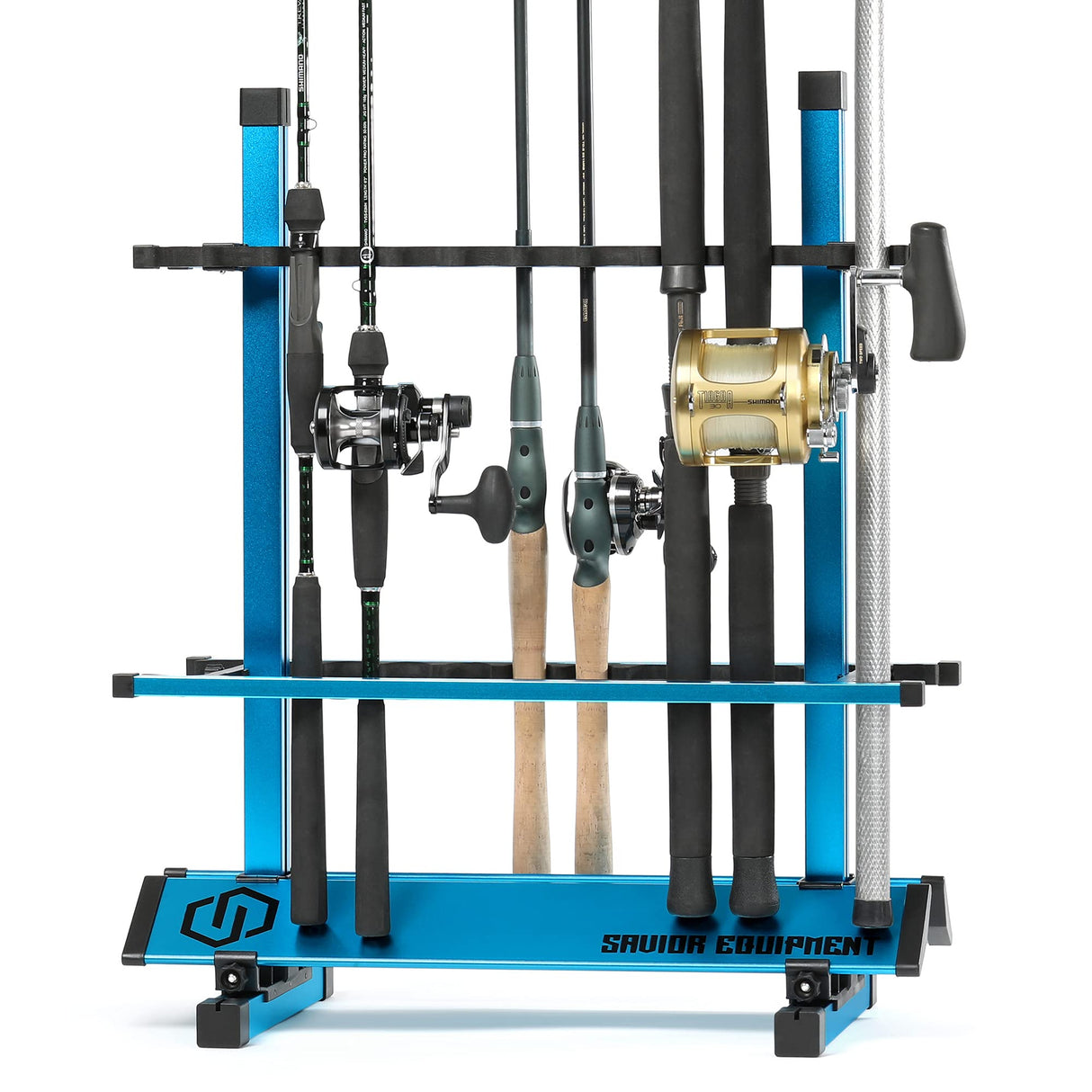 Savior Equipment Fishing Rod Rack Holder Organizer, Lightweight Aluminum Vertical Fish Pole Garage Storage Ground Display Stand, Hold Up to 24 Slots Fresh Salt Water Spinning Rods & Reel Combo, Blue Savior Equipment