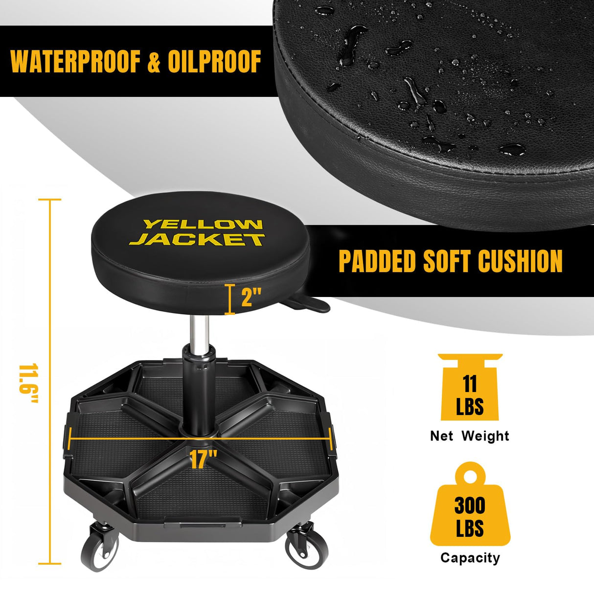 YELLOW JACKET Rolling Garage Seat Adjustable Pneumatic Shop Creeper Seat 300Lbs Mechanic Stool with Wheels and Removable Tool Tray Storage Workshop Chair for Auto Repair YELLOW JACKET