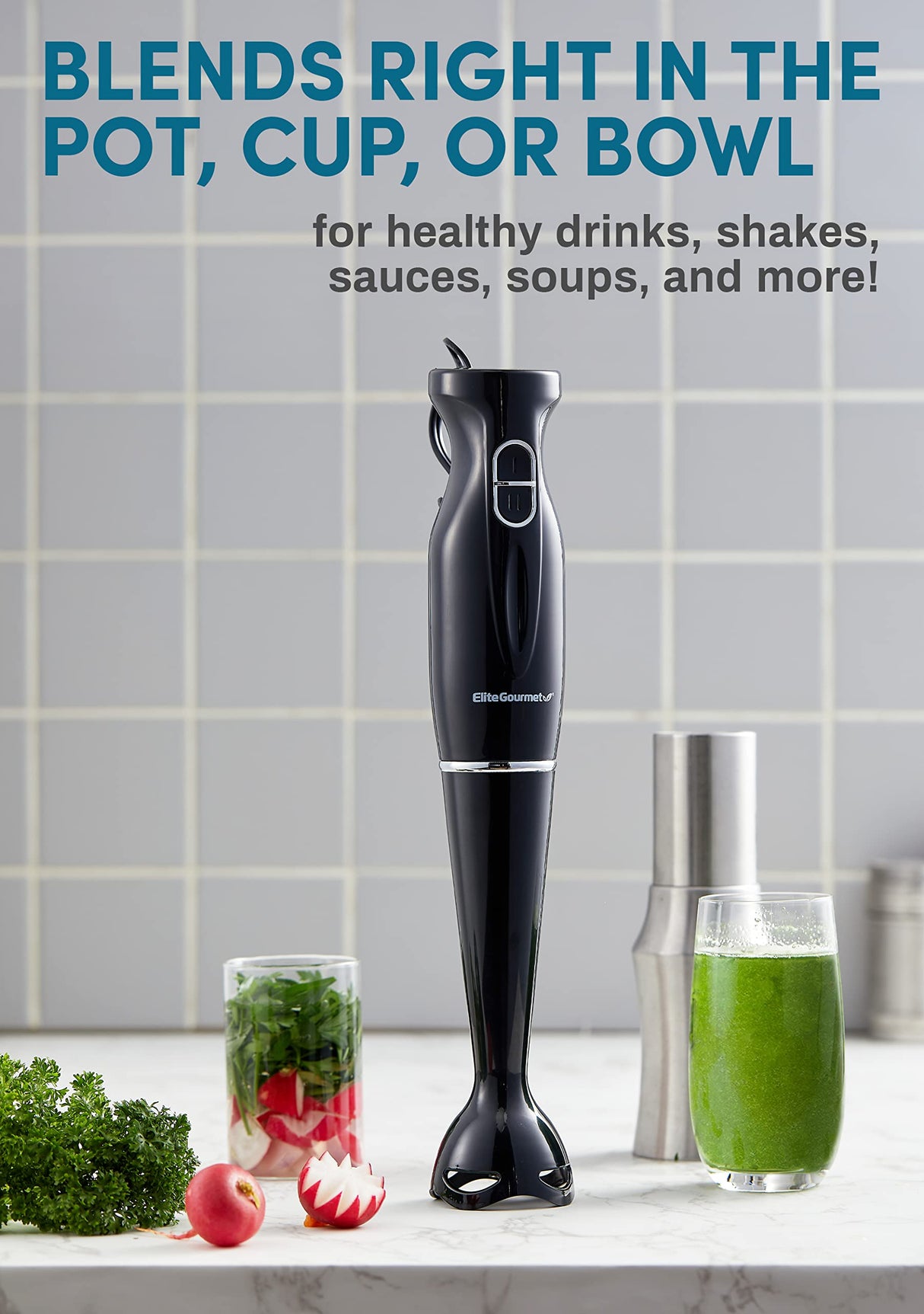 Elite Gourmet EHB3201 Immersion Hand Blender 300 Watts 2 Speed Mixing with Detachable Blades, Detachable Wand Stick Mixer, Smoothies, Baby Food, Soup, Charcoal Black Elite Gourmet