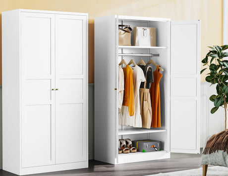 Metal Wardrobe Cabinet with Hanging Rod,White Armoire Wardrobe Closet,Metal Clothing Storage Cabinet with Adjustable Shelves and Doors,72" Wardrobe Storage Cabinet for Home,Living/Laundry Room SISESOL