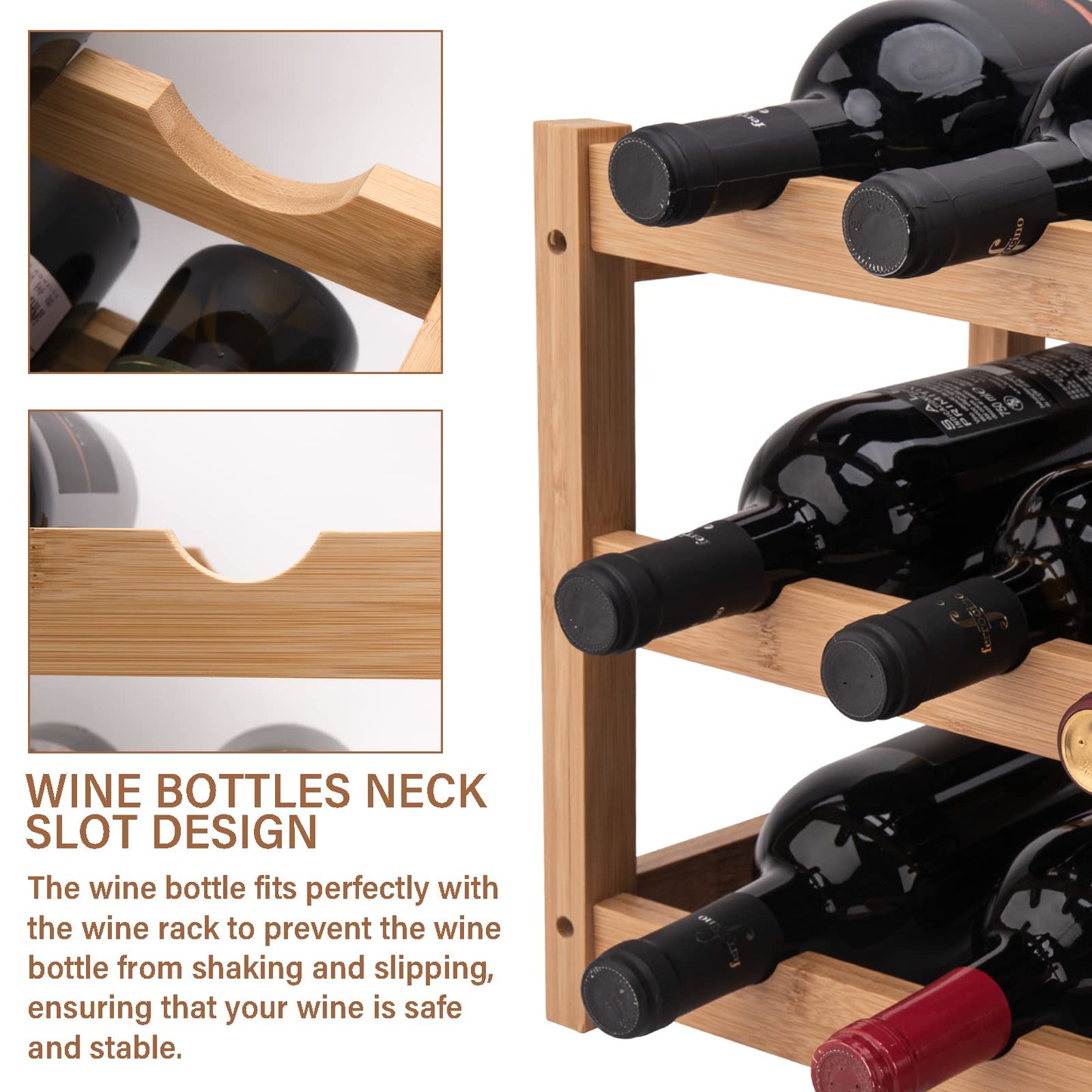 12 Bottle Bamboo Wine Rack Countertop,3-Tier Wine Rack Shelf Insert for Cabinet,Wine Bottle Storage Shelf, Freestanding Wine Rack Bottles Stand Holder Organizer