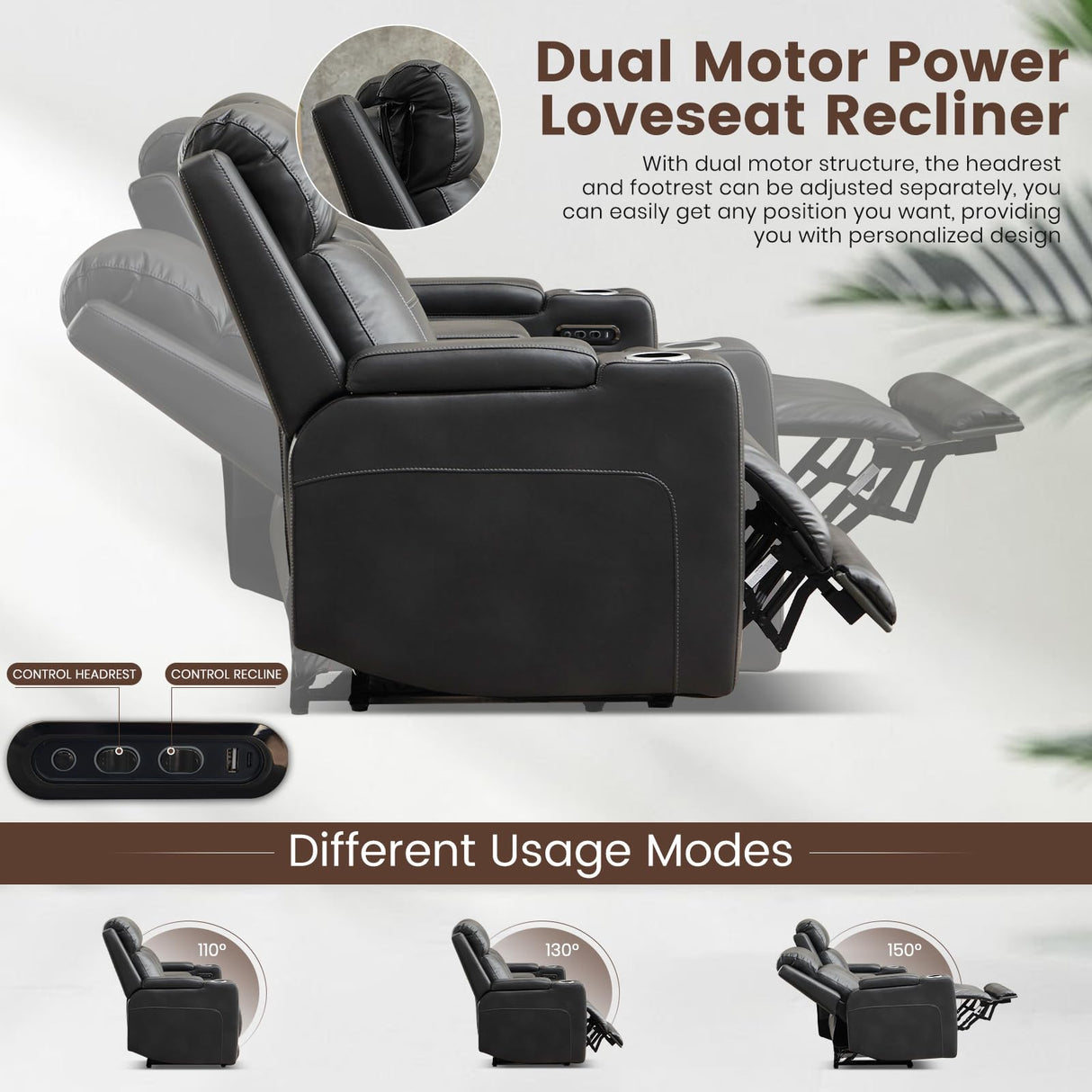 Netpane Breathable Leather Power Recliner Sofa Set with LED, Power Reclining Sofa and Loveseat Set with Adjustable Headrest/Wireless Charger/Storage Console for Living Room/HomeTheater (Grey&Black) Neptane