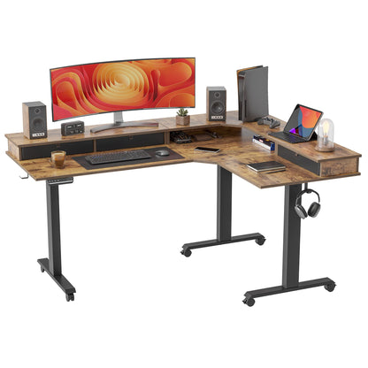 FEZIBO Triple Motor 63" L Shaped Standing Desk with 3 Drawers, Electric Standing Desk Adjustable Height, Corner Stand up Desk with Splice Board - Rustic Brown - WoodArtSupply