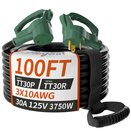PlugSaf 100 FT 30 Amp RV Extension Cord Outdoor with Grip Handle, Flexible Heavy Duty 10/3 Gauge STW RV Power Cord Waterproof with Cord Organizer, NEMA TT-30P to TT-30R, Black-Green, ETL Listed PlugSaf