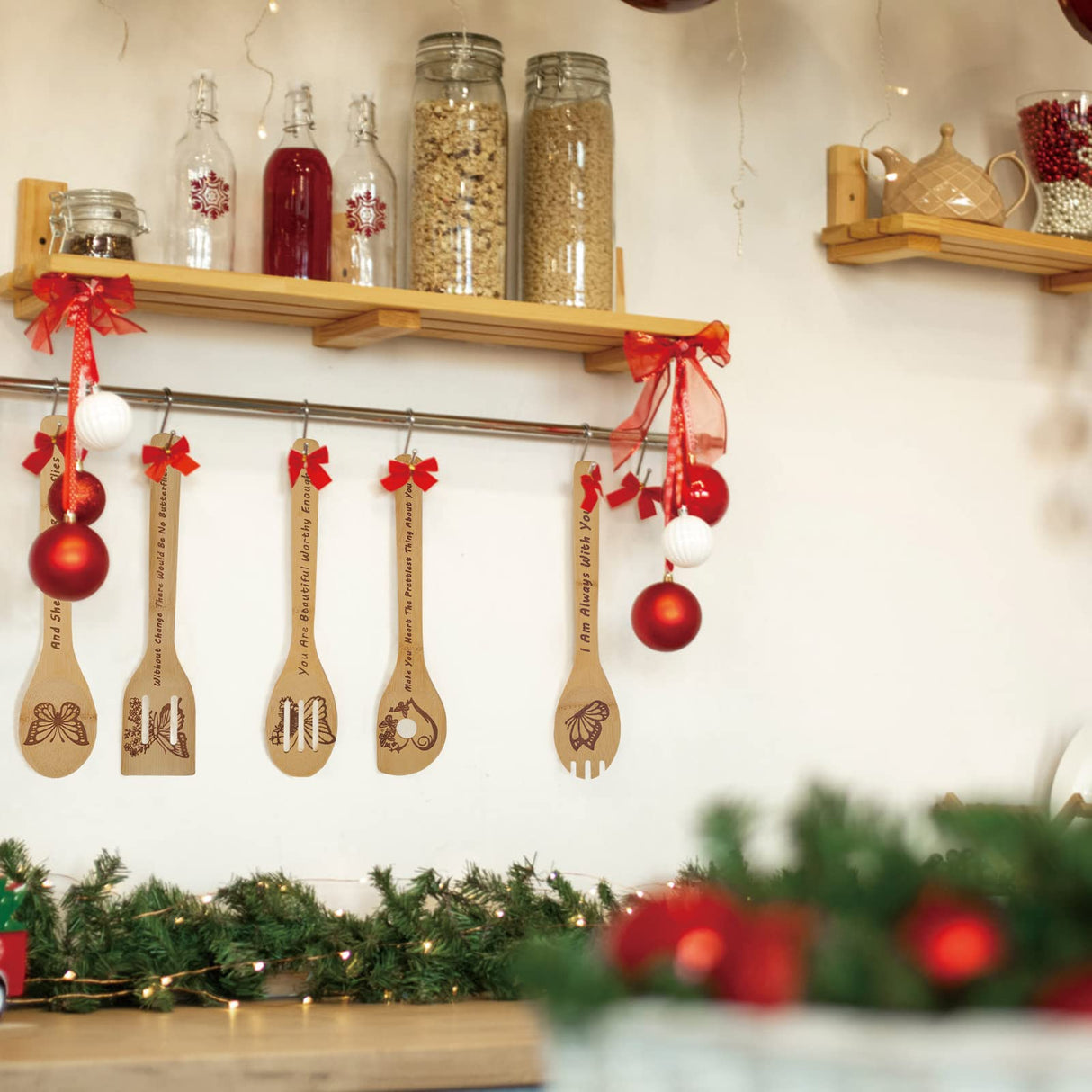 Butterfly Wooden Cooking Spoons Set of 5,Butterfly Gift,Butterfly Lovers Gifts,Butterfly Kitchen Decor,Bamboo Cooking Spoons Farmhouse Housewarming Wedding Mom Cooking House Closing Father's Day Gift TULUNAYN