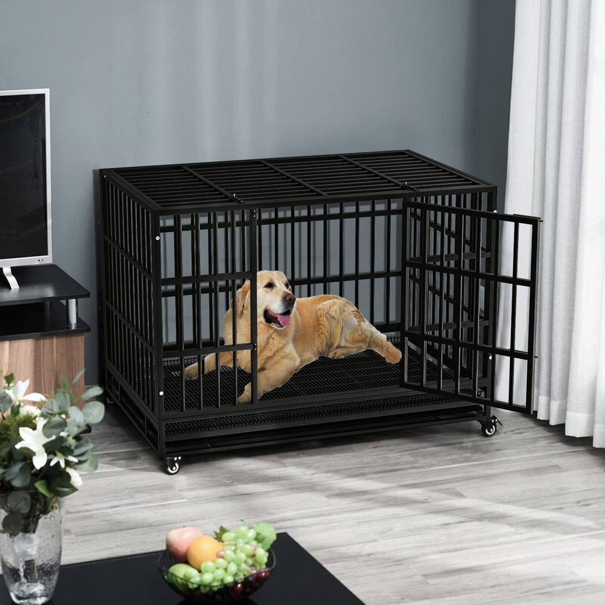 LEMBERI 48/38 inch Heavy Duty Indestructible Dog Crate, Escape Proof Dog Cage Kennel with Lockable Wheels,High Anxiety Double Door,Extra Large Crate Indoor for Large Dog with Removable Tray LEMBERI