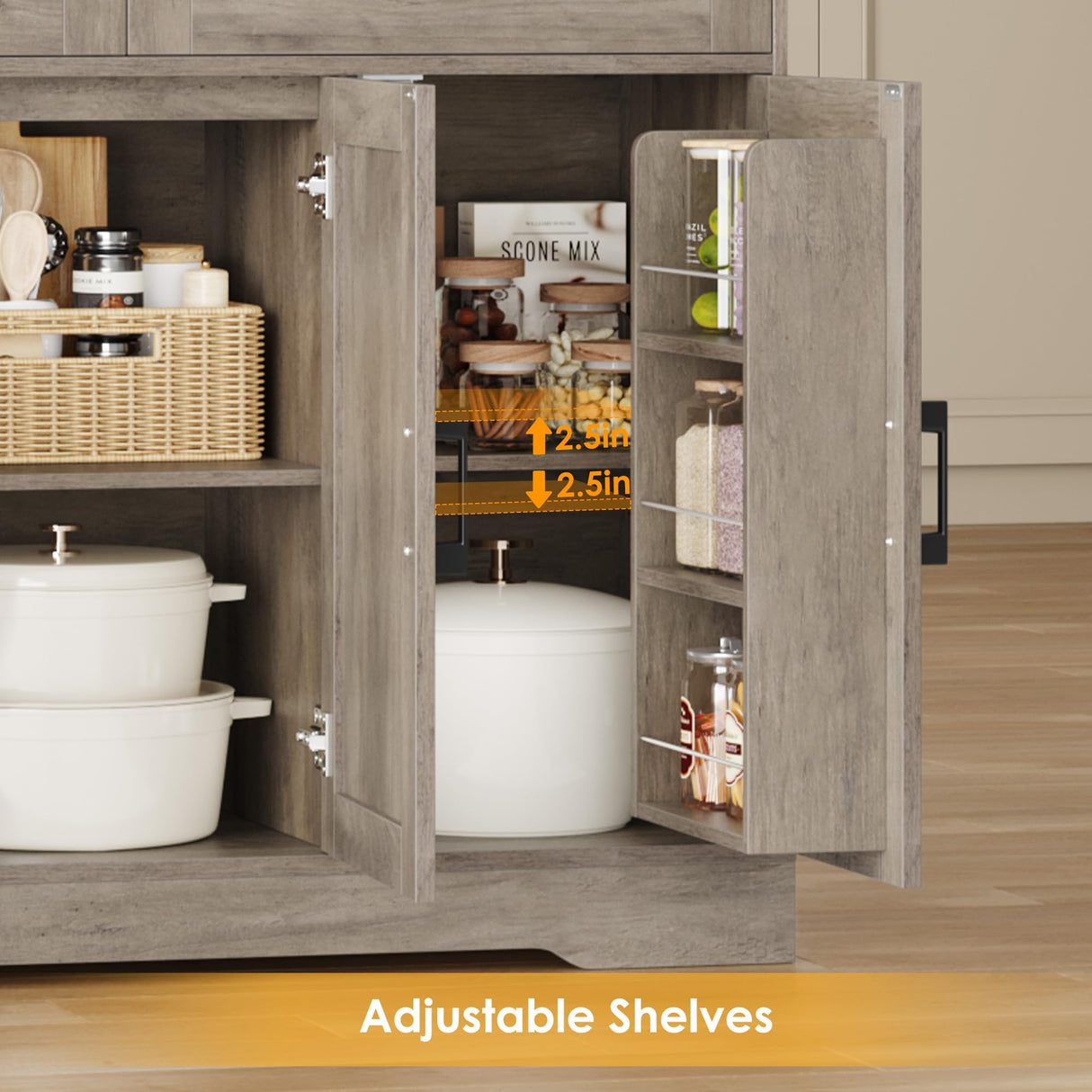 FACBOTALL Tall Kitchen Pantry Cabinet, Kitchen Cabinets with Countertop, Farmhouse Kitchen Pantry Storage Cabinet with Doors and Adjustable Shelves, Kitchen Hutch for Kitchen,Wash Gray FACBOTALL