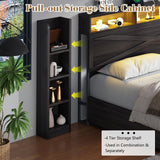 LUXOAK Queen Size Lift Up Bed Frame with Bookcase Headboard & 2 Side Shelf, Farmhouse Storage Bed with LED Light and Charging Station, No Box Spring Needed, Noise-Free, Black Oak LUXOAK