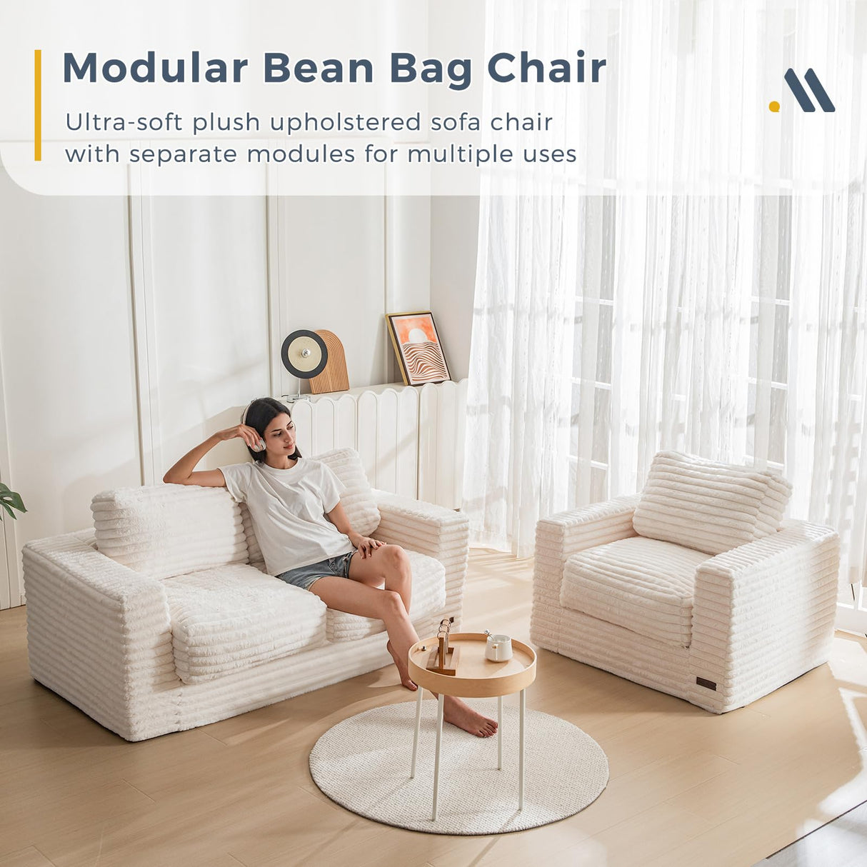 MAXYOYO Giant Bean Bag Chair for Adults, Upholstered Loveseat Floor Sofa with Pillows and Armrests, Large Bean Bag Sofa Plush Chair Couch for Bedroom Living Room, White MAXYOYO