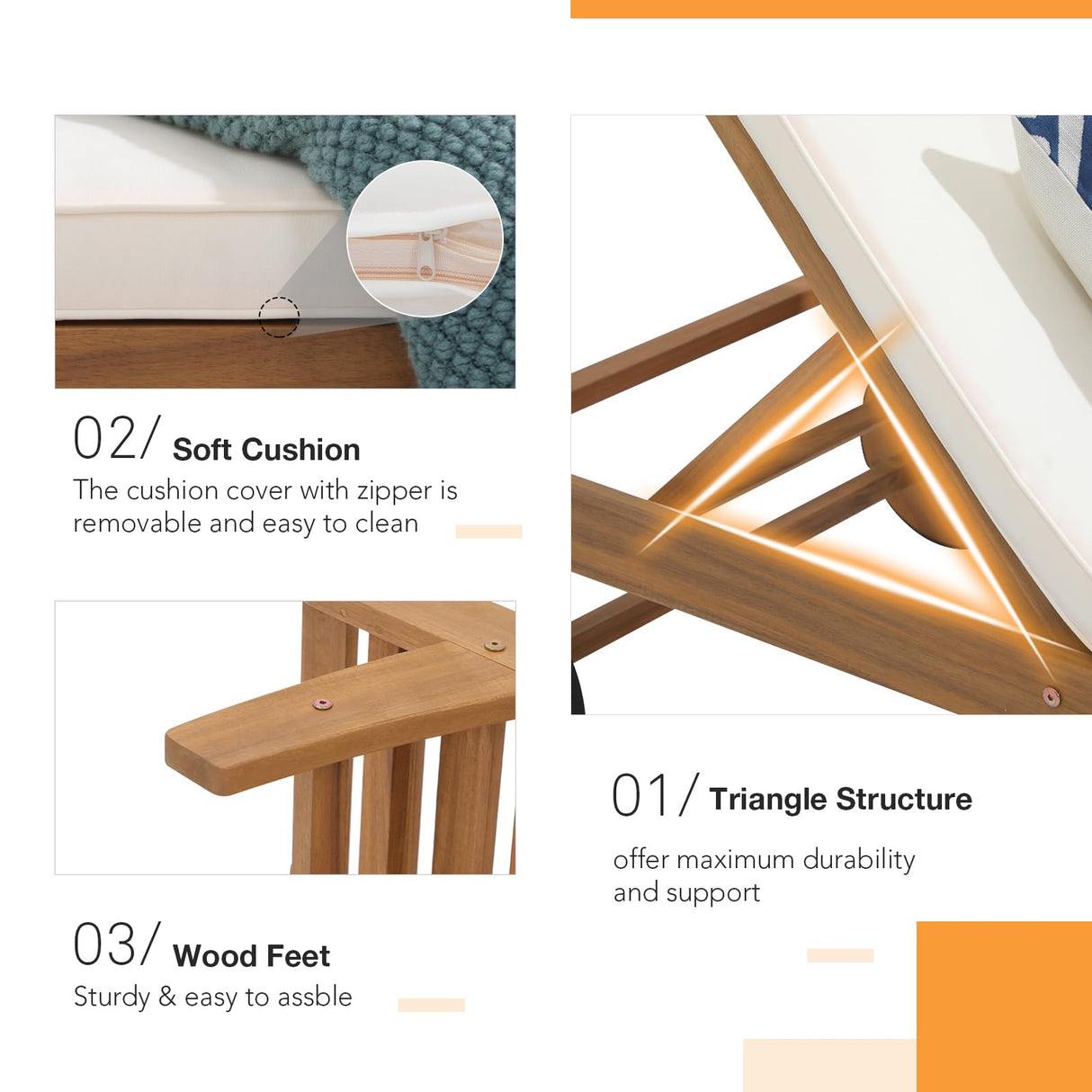 Patiorama Patio Acacia Wood Chaise Lounge Set of 2, Outdoor Folding Lounge Chair Recliner w/Adjustable Backrest, Wheels, Padded Cushion, Portable Sun Lounger Pool Chair for Deck, FSC Certified, Cream Patiorama