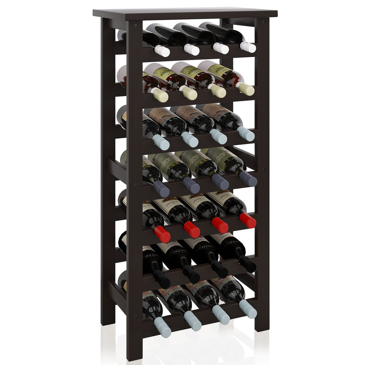 SMIBUY Bamboo Wine Rack, 28 Bottles Display Holder with Table Top, 7-Tier Free Standing Storage Shelves for Kitchen, Pantry, Cellar, Bar (Black) SMIBUY