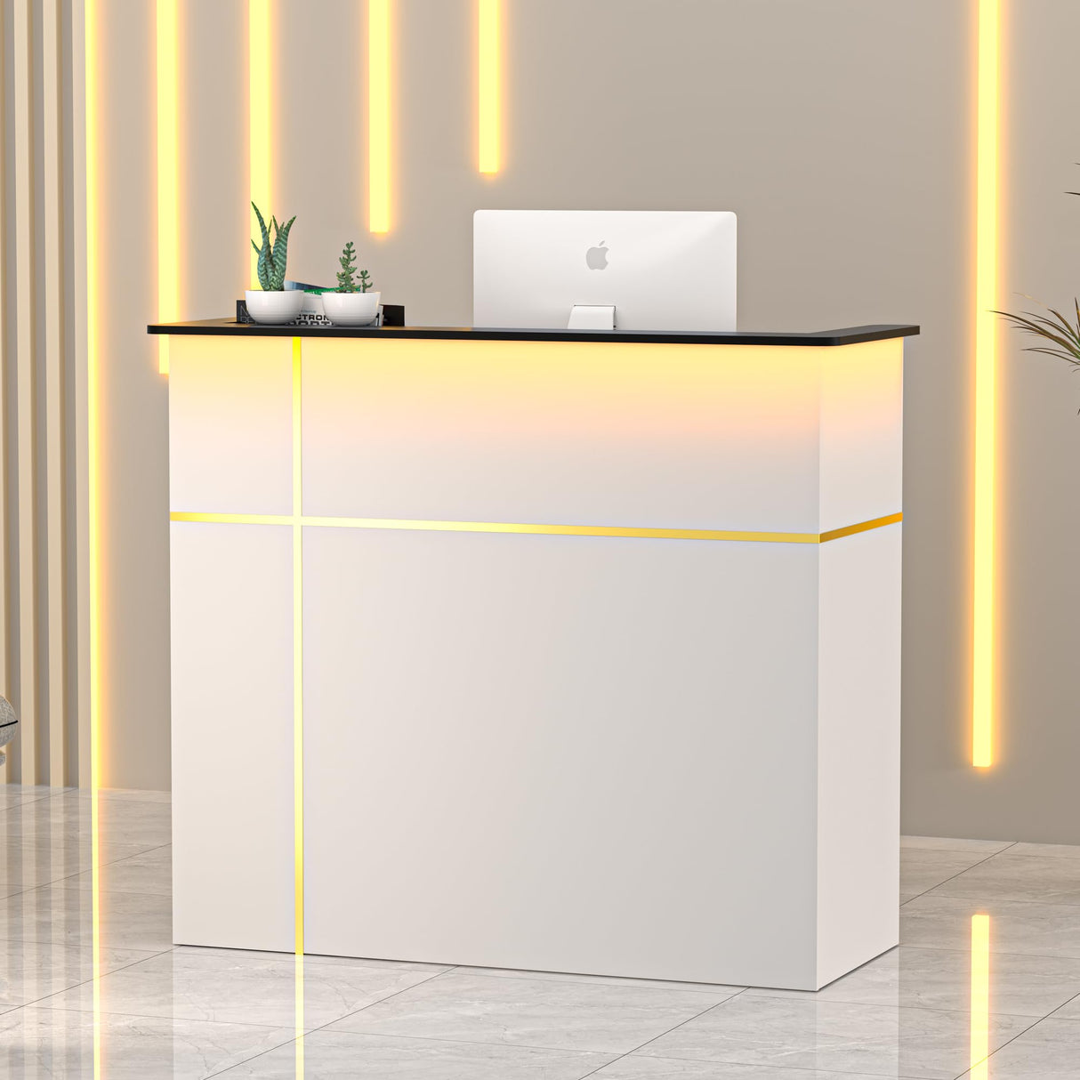 AHB Reception Desk with Counter, Modern Front Table Equipped Lockers & Storage Shelves, 50-inch Checkout Counter with LED Lights & DIY Stripe for Lobbies, Salons, Retail, Home Offices, Reception Room AHB