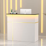 AHB Reception Desk with Counter, Modern Front Table Equipped Lockers & Storage Shelves, 50-inch Checkout Counter with LED Lights & DIY Stripe for Lobbies, Salons, Retail, Home Offices, Reception Room AHB
