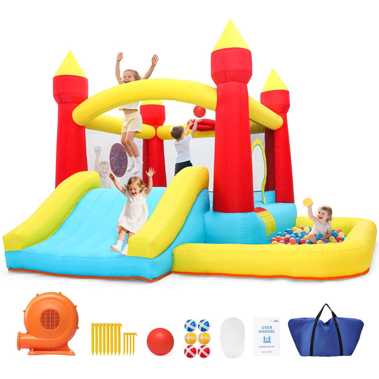 Inflatable Bounce House, Bouncy House with Blower, Bouncy Castle with Slide, Ball Pit, Jump House for Indoor Outdoor Backyard Party for Kids Aged 3-8 (10FT X 10FT X 7FT) with Repair Kit & Storage Bag Toiyjofe