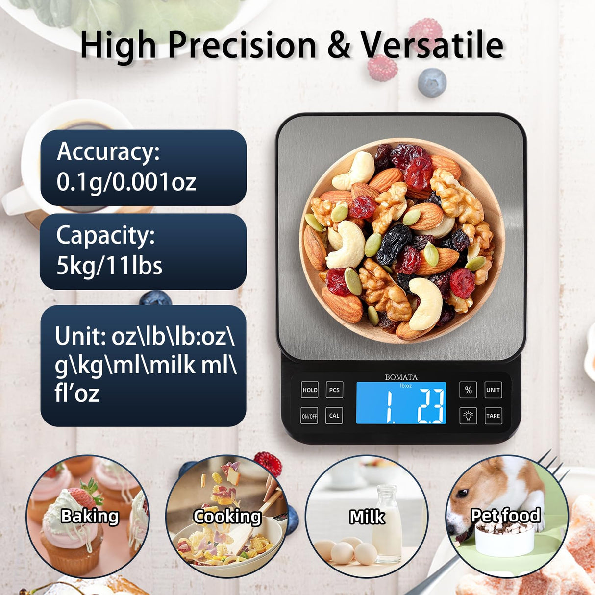 BOMATA Large Kitchen Scale with 0.1g/0.001oz High Precision, 5kg/11lb Bakery Scale with% Percentage Function, USB Rechargeable, Full-View Angle LCD with Backlight, Stainless Steel Pan BOMATA