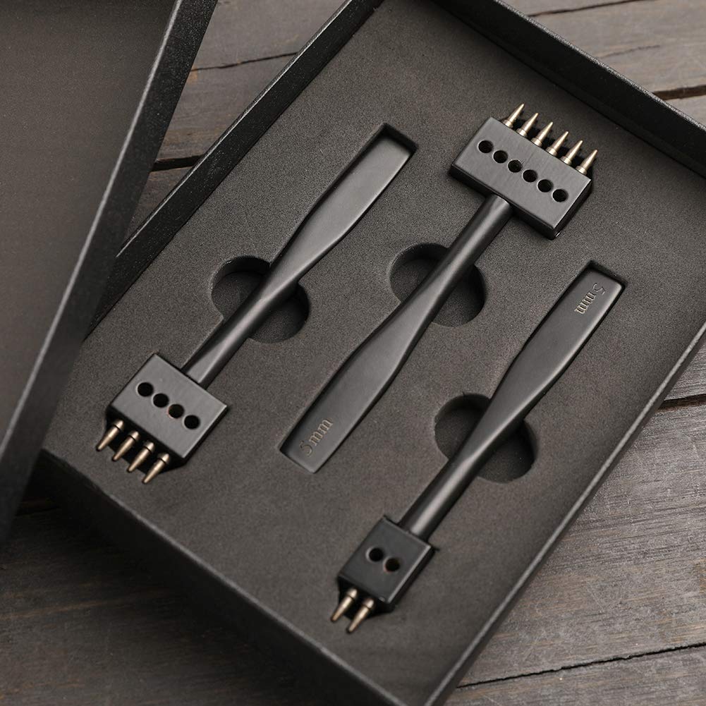 DIUDUS Leather Hole Punch, Prong Punch, Black Hole Punch Tool 5mm, 2/4/6 Lacing Stitching Punch, Round Hole Prong Stitching Chisel Set Leather Working Tools for Leathercraft DIUDUS