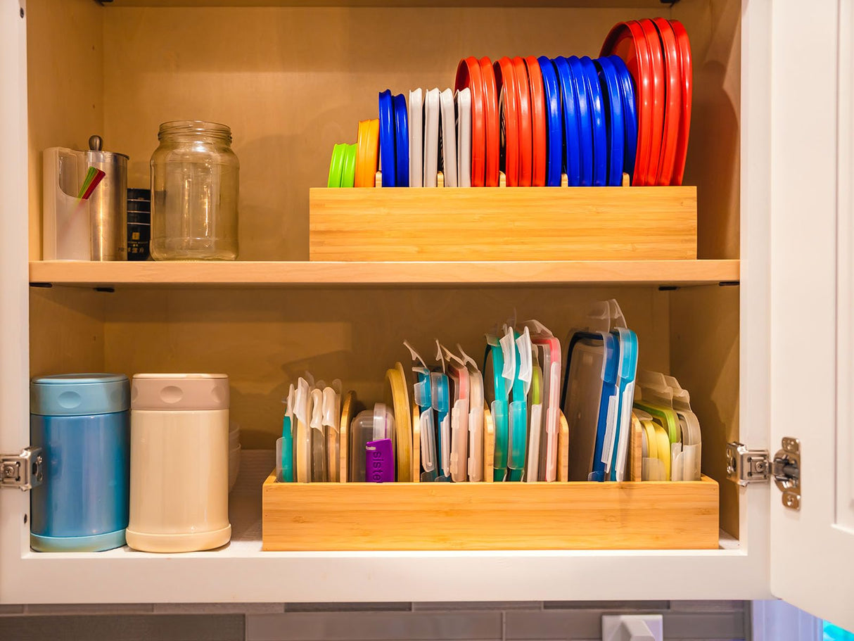 Umilife Kitchen Cabinet Organizer for Food Storage Container Lids, with Adjustable Dividers, Bamboo Drawer Caddy, Box for Kitchen Storage And Organization Umilife