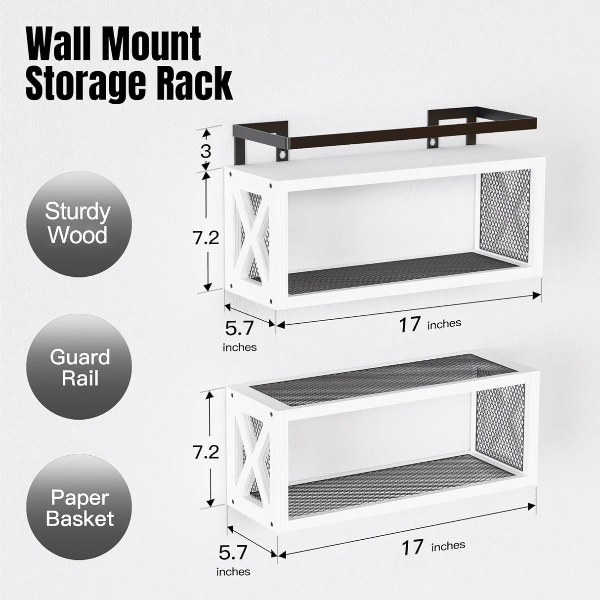 RICHER HOUSE Floating Shelves with Guardrail, Rustic Wood Shelves for Wall Décor, Farmhouse Bathroom Accessories Wall Mounted, Bathroom Wall Organizer over Toilet Storage, Kitchen, Living Room - White RICHER HOUSE