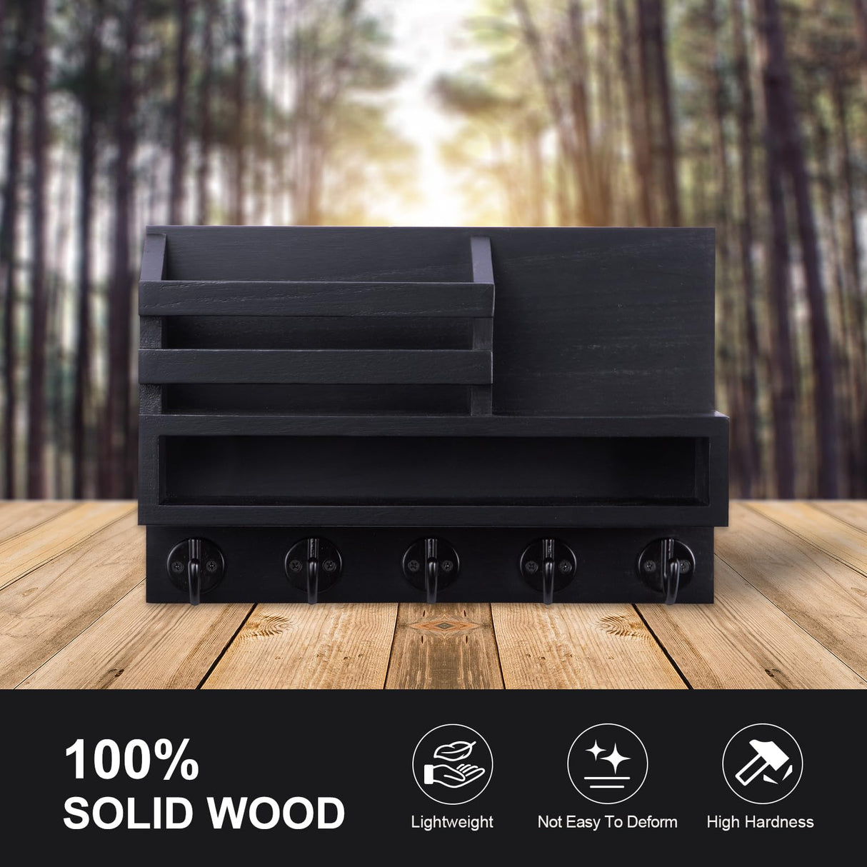 Lucundm Key and Mail Holder Wall Mount, Key Hanger with Long Storage Box and 5 Hooks for Coat, Dog Leash, Home Decor Rack, House Accessories, Entry Way Organizer 11.8”W x 7.8”H x 3.2”D Lucundm