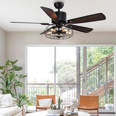 APBEAMLighting Industrial Caged Ceiling Fan Light with Remote Control 52 Inch Vintage Ceiling Fan Light Farmhouse Black Retro Indoor Fandelier with 5 Reversible Wood Blades for Living Room Bedroom
