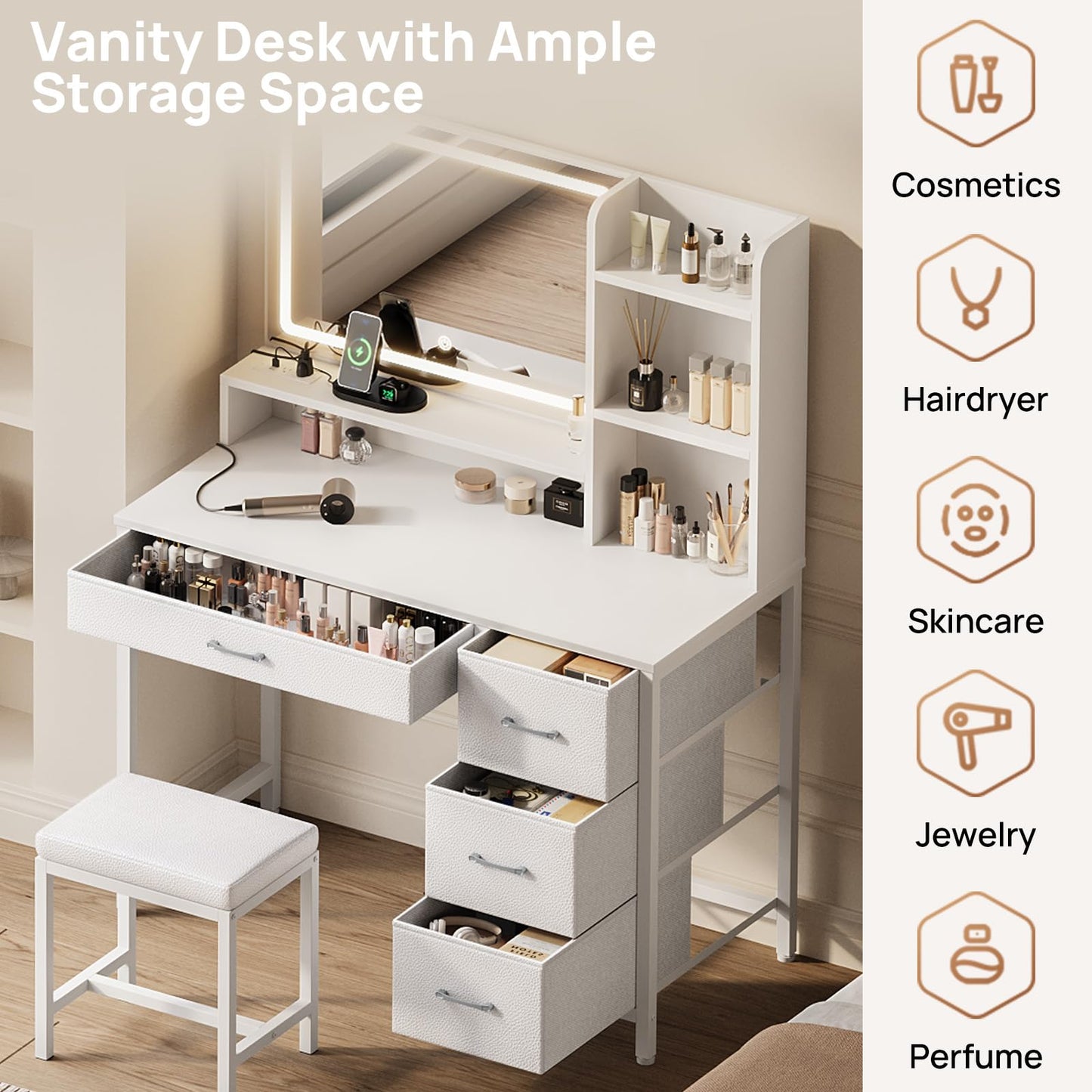 Rolanstar Vanity Desk with Mirror and Lights, Makeup Vanity with Upholstered Vanity Stool, 4 Drawers, Power Outlets, Vanity Set with 4 Compartments for Bedroom White