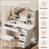 Rolanstar Vanity Desk with Mirror and Lights, Makeup Vanity with Upholstered Vanity Stool, 4 Drawers, Power Outlets, Vanity Set with 4 Compartments for Bedroom White Rolanstar
