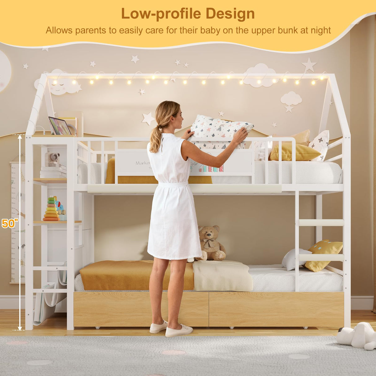 DICTAC Bunk Bed Twin Over Twin with Storage Drawers and Globe String Lights House Shaped Low Bunk Bed with Montessori Bookshelves Metal bunk Beds for Kids with Ladder and Guardrail,Space Saving,White DICTAC