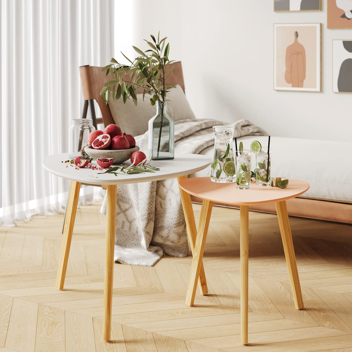 BAMEOS Bamboo Nesting Triangle End Table,Set of 2 Coffee Table Modern Minimalist Side Table for Living Room (White & Pink) BAMEOS