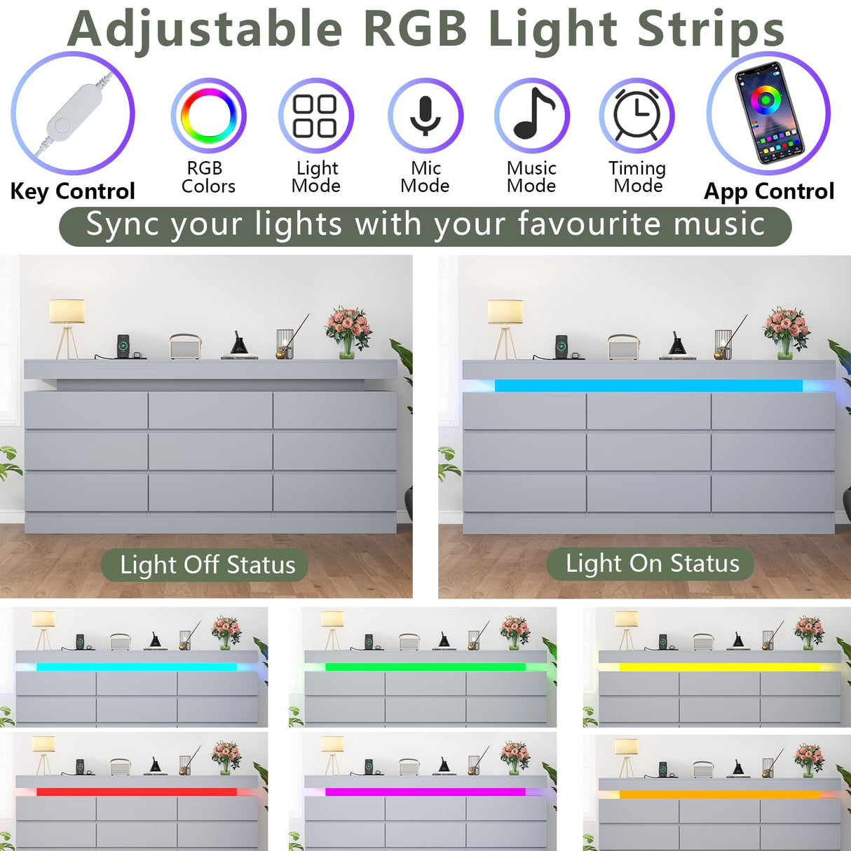 Gyfimoie 9 Drawer Dresser with Power Outlet, Dresser with LED Light, Modern Chest of Drawers for Closet, Double Wide Drawer Organizer Cabinet for Bedroom, Living Room (Grey, 9 Drawers) Gyfimoie