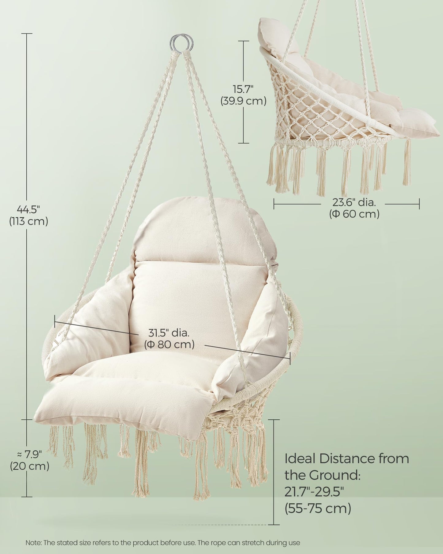 SONGMICS Hanging Chair, Hammock Chair with Large, Thick Cushion, Boho Swing Chair for Bedroom, Patio, Balcony, Garden, Holds up to 264 lb, Accessories Included, Cream White UGDC042M01