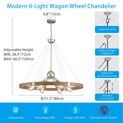 XINGQI Wagon Wheel Chandelier Modern Rustic Large Round 6-Lights Nickel & Wood Grain Finish Retro Ceiling Pendant Light Fixture for Dining Room Living Room - WoodArtSupply