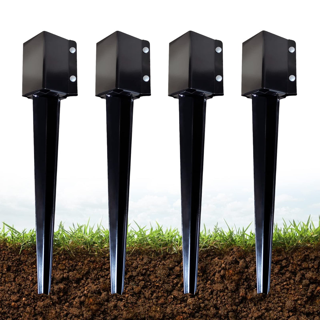 ARIFARO Fence Post Anchor 24 inch Ground Spike Heavy Duty Metal Black Powder Coated Fence Stakes Post, 4x4 inch(3.5 x3.5 inch Inner) Pack of 4 ARIFARO