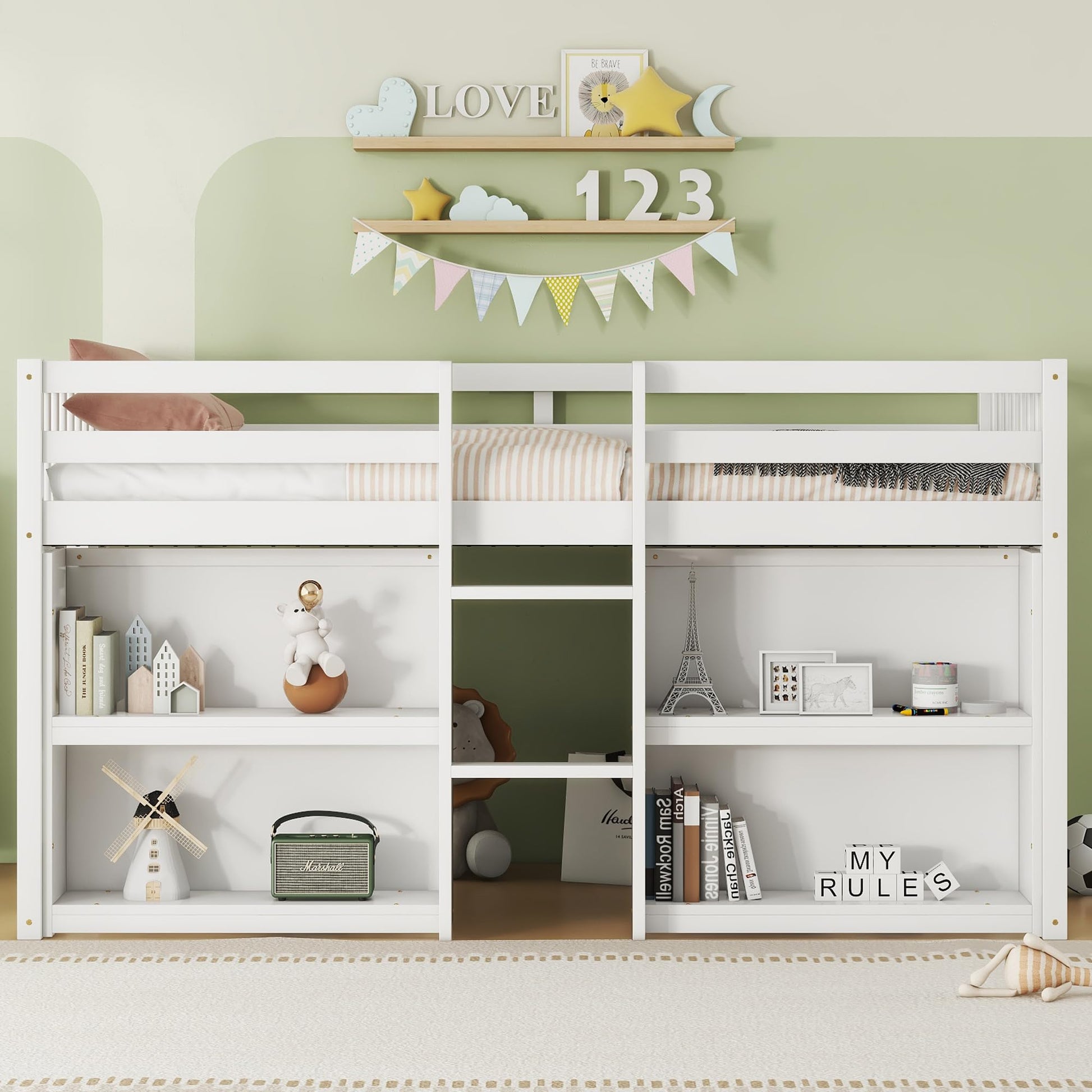 Luckiofvonne Twin Size Low Loft Bed with Storage Shelves and LED Light - WoodArtSupply