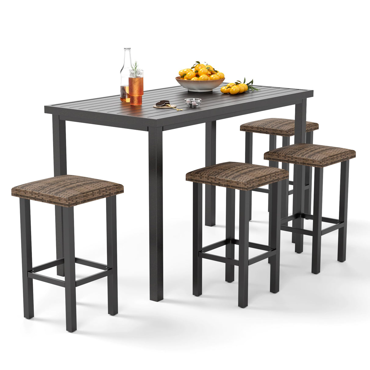 PHI VILLA 5 Piece Patio Bar Set, Black Wood Grain Metal Bar Table & 4 Wicker High Bar Stools, Bar Height Outdoor Dining Set for Porch, Yard, Deck, Poolside PHI VILLA