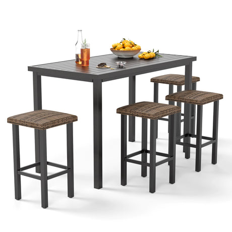 PHI VILLA 5 Piece Patio Bar Set, Black Wood Grain Metal Bar Table & 4 Wicker High Bar Stools, Bar Height Outdoor Dining Set for Porch, Yard, Deck, Poolside PHI VILLA