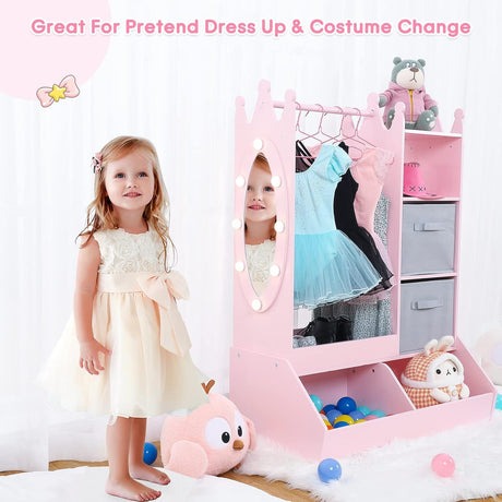 IDEALHOUSE Kids Dress Up Storage with Mirror, Pink Wardrobe Closet & Dresser with Mirror, Costume Organizer with Shelves and Jewelry Cabinet — Ideal Kids Dressers for Bedroom, Gift for Girls IDEALHOUSE