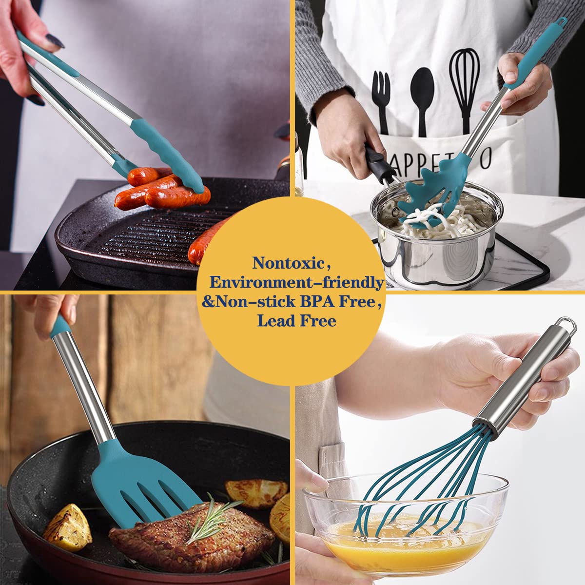 Silicone Cooking Utensil Set, Fungun Non-stick Kitchen 24 Pcs Cookware, Heat Resistant , Silicone Kitchen Tools Gift with Stainless Steel Handle (Blue-24pcs） Fungun