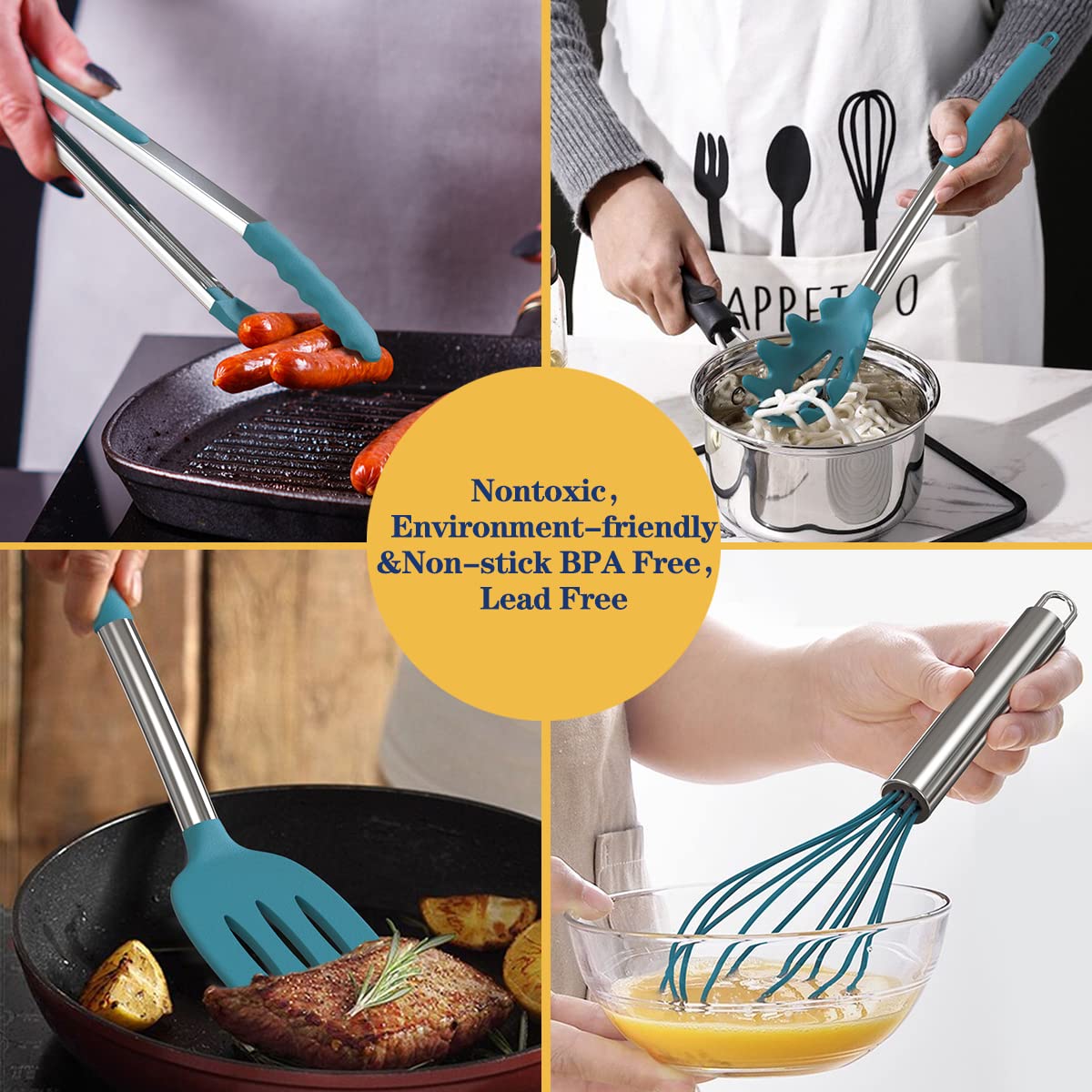 Silicone Cooking Utensil Set, Fungun Non-stick Kitchen 24 Pcs Cookware, Heat Resistant , Silicone Kitchen Tools Gift with Stainless Steel Handle (Blue-24pcs）