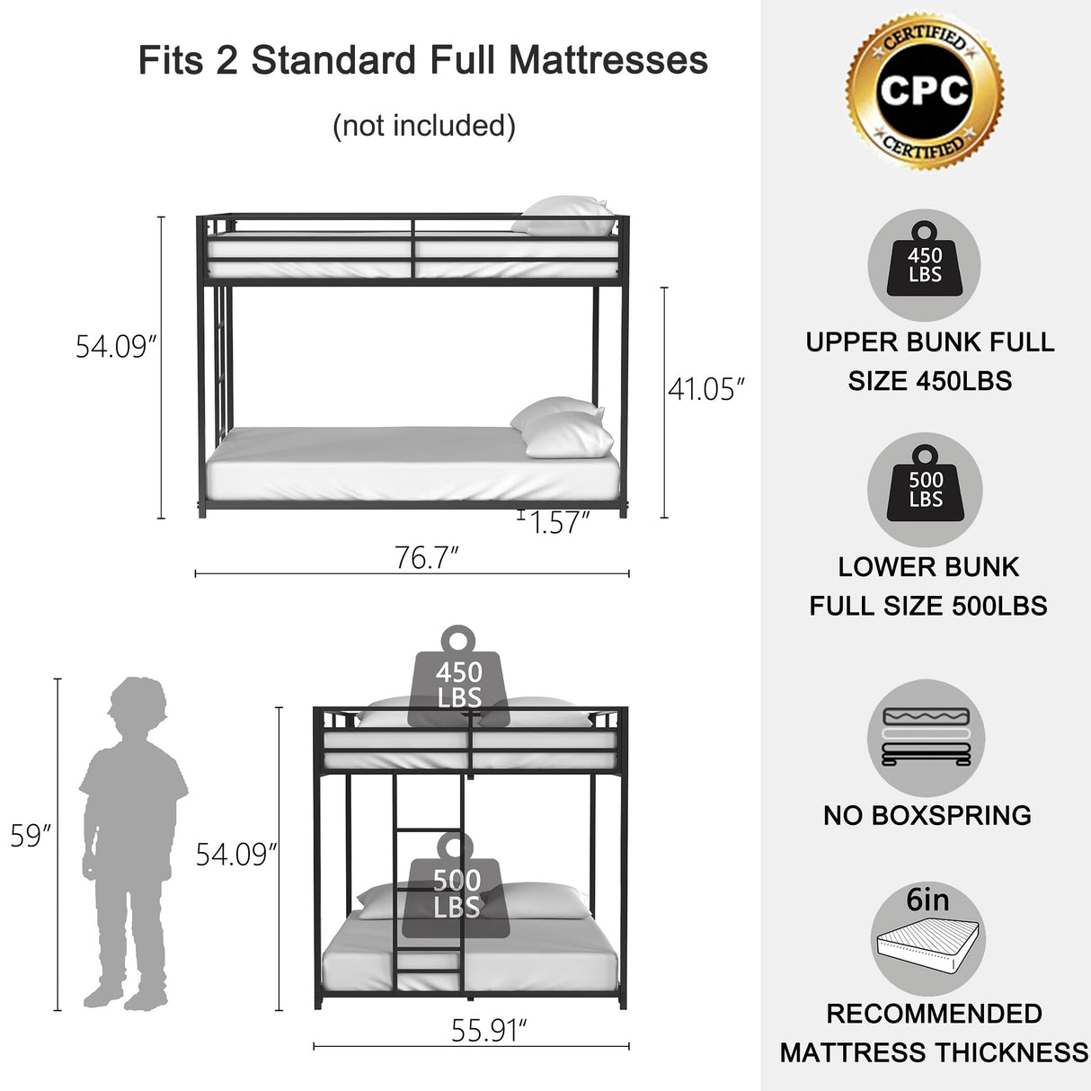 Full Over Full Bunk Beds for Kids/Adults,Heavy Duty Kids Bunk Beds, Metal Bunk Bed Full Over Full,Floor Bunk Beds,Noise Reduced Structure,Black Bellemave