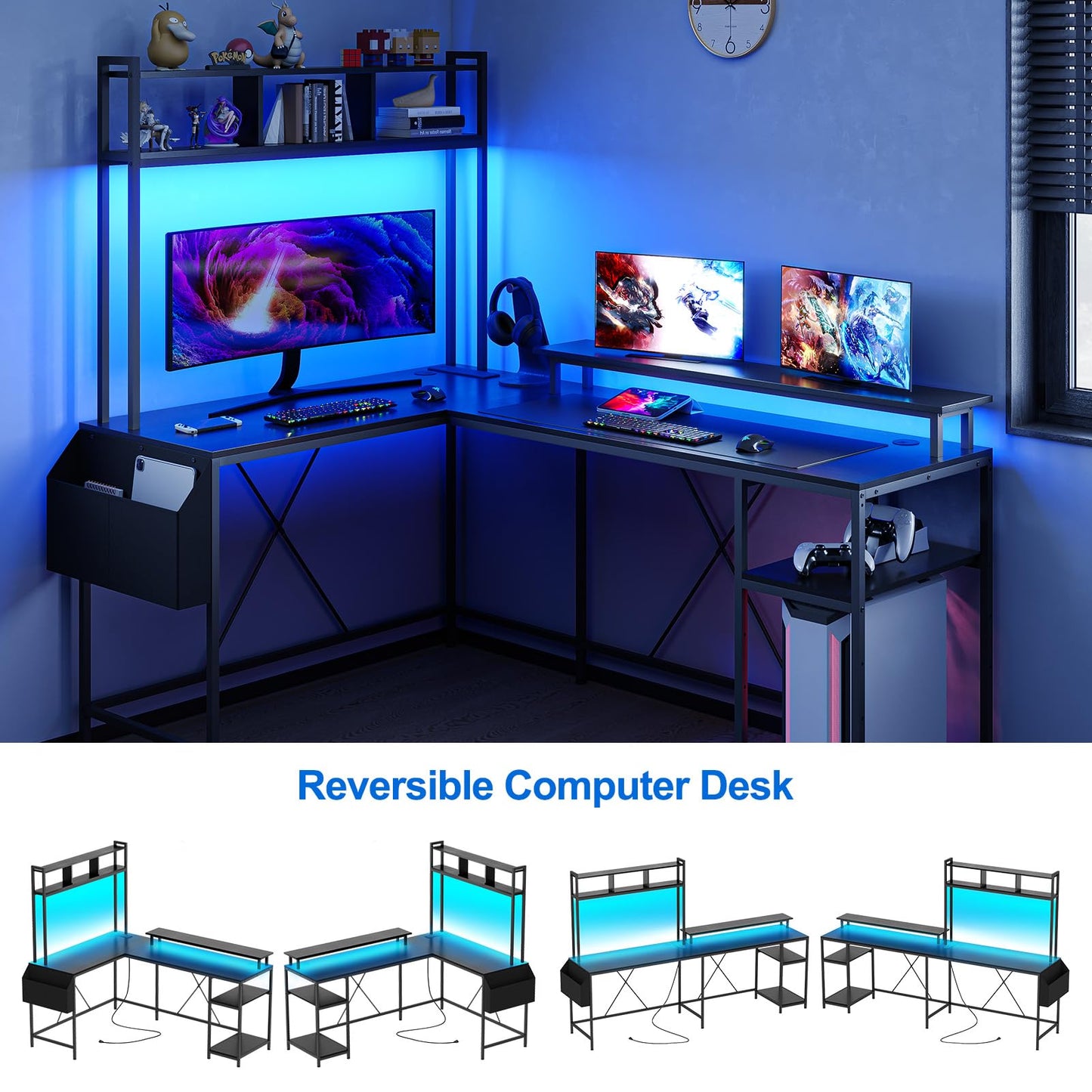 Jojoka L Shaped Computer Gaming Desk with LED Lights & Power Outlets, 67" Reversible Large L-Shaped Desk with Monitor Stand & Storage Shelves (Black)