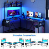 Jojoka L Shaped Computer Gaming Desk with LED Lights & Power Outlets, 67" Reversible Large L-Shaped Desk with Monitor Stand & Storage Shelves (Black) Jojoka