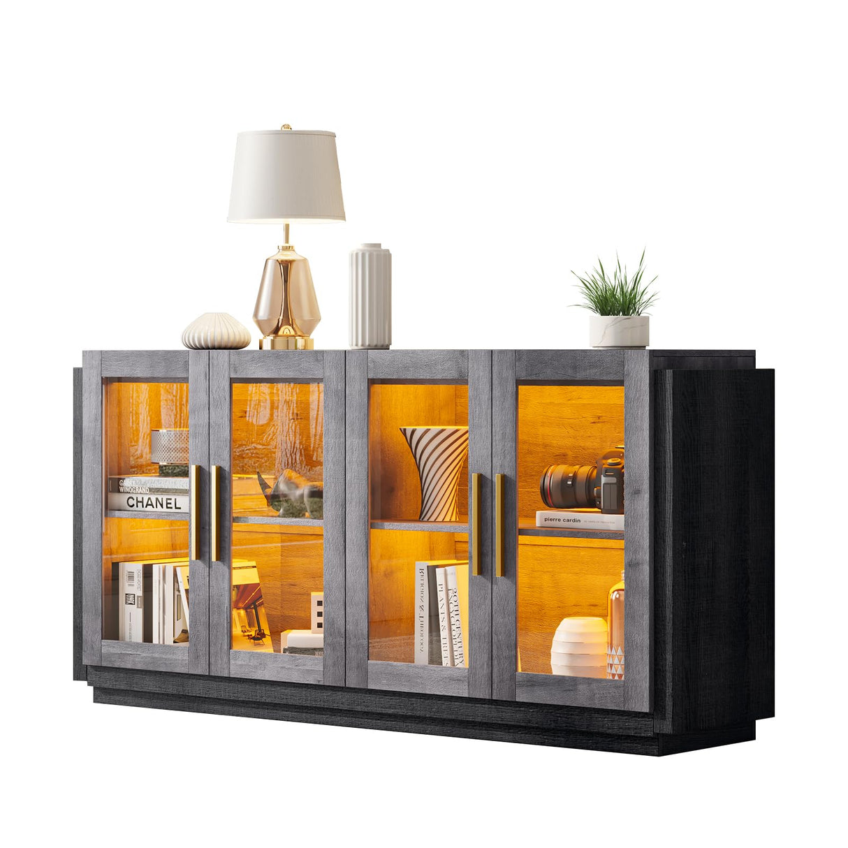 AMERLIFE Sideboard Buffet Cabinet with LED Lights, Mixed Color Accent Cabinet with Glass Doors and Adjustable Shelf, Hallway Storage Cabinet Console Table for Living Room, Dining Room, Black and Gray AMERLIFE