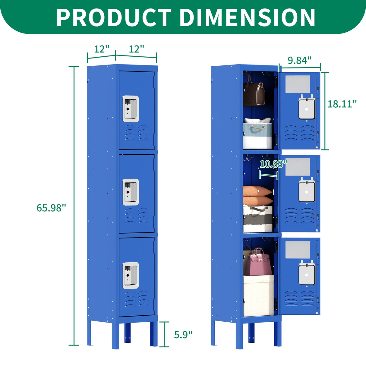 IKIMI 66" Metal Lockers for Employees 3 Tier Storage Locker with Doors and Shelves,Steel Lockable Cabinet with Hooks Gray Tall Locker for School Office Gym Home Garage IKIMI