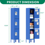 IKIMI 66" Metal Lockers for Employees 3 Tier Storage Locker with Doors and Shelves,Steel Lockable Cabinet with Hooks Gray Tall Locker for School Office Gym Home Garage IKIMI