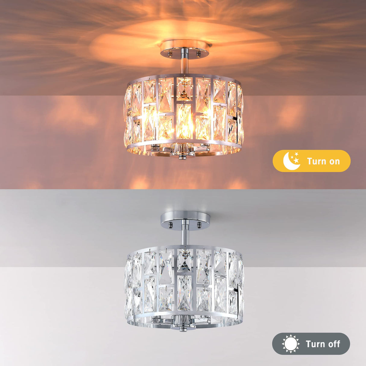 MEXO Farmhouse Crystal Round Semi Flush Mount Modern Close to Ceiling Light Fixture, Cylinder Drum Shade Ceiling Lights 3LT Ceiling Lamp for Kitchen Island Dinning Room Bedroom MEXO