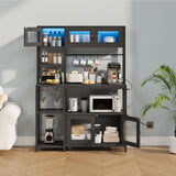 HOOBRO Bakers Rack with Power Outlet and LED Light, 45.3 Inch Microwave Stand with Shelves, Coffee Bar Cabinet with Wine Rack & 4-S Hooks, Kitchen Utility Storage Shelf with Cabinet, Black BB16UDHB01 HOOBRO