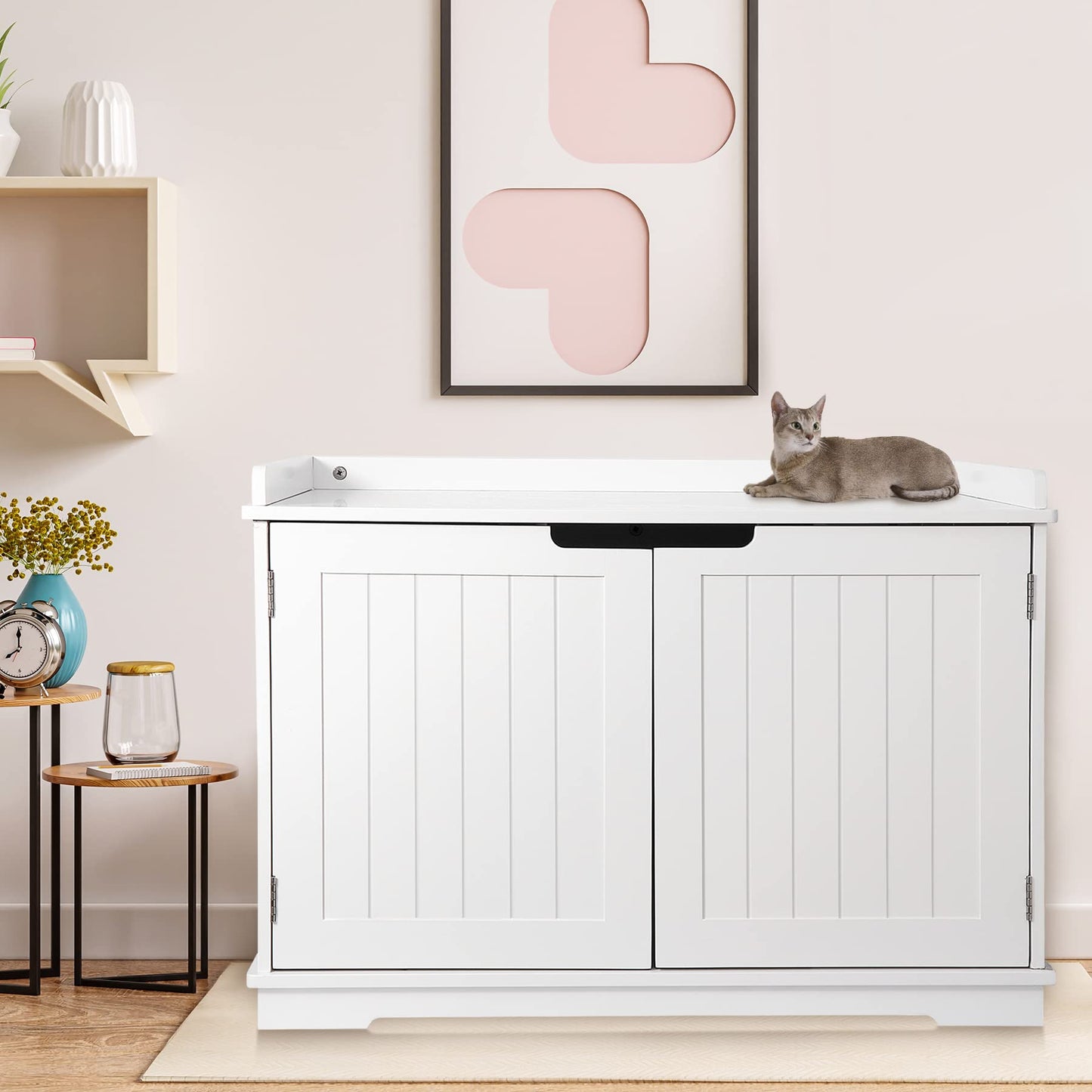 ZENY Cat Litter Box Enclosure, Cat Litter Box Furniture Hidden, Wooden Cat Litter Cabinet with Divider, Modern Cat Washroom Storage Bench，Fit Most of Litter Box, White - WoodArtSupply