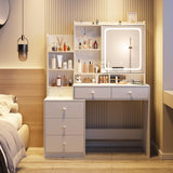 Vabches Vanity Desk with Mirror and Lights,Makeup Vanity with 6 Drawers and Shelves,Vanity Table with Power Outlet,Makeup Desk with Led Lighted Mirror in 3 Colors,for Bedroom,White Vabches
