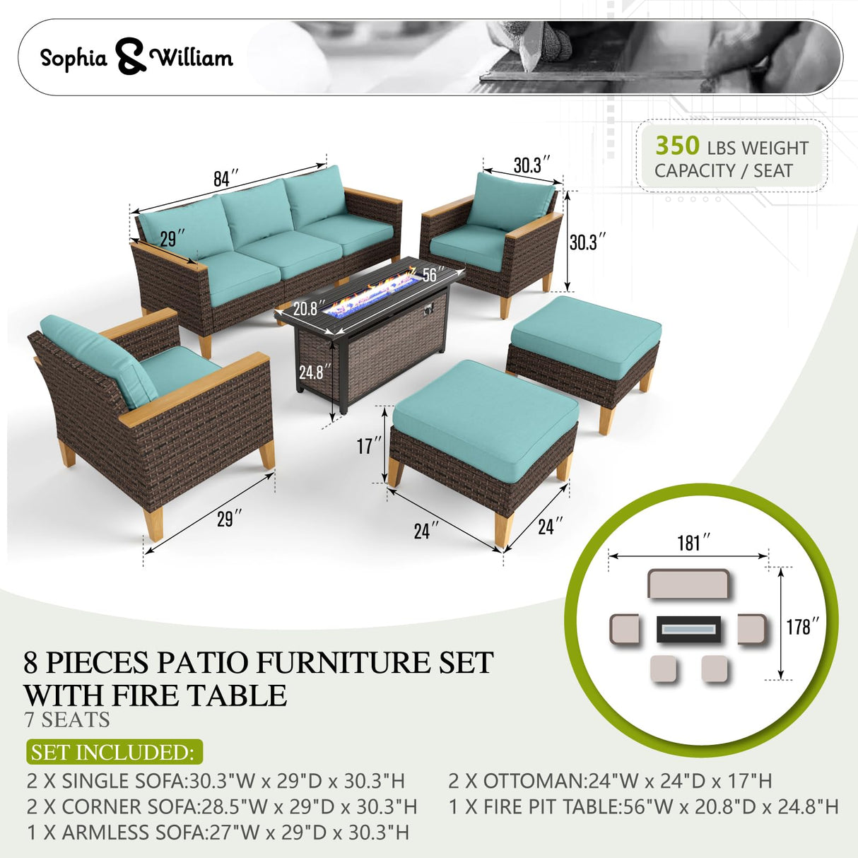 Sophia & William Patio Furniture Set with Fire Pit Table, 8 Piece Outdoor Wicker Conversation Set, Large Rattan Sectional Sofa with Ottoman & 56" Fire Pit Table(Aqua Blue) Sophia & William