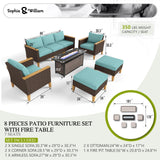 Sophia & William Patio Furniture Set with Fire Pit Table, 8 Piece Outdoor Wicker Conversation Set, Large Rattan Sectional Sofa with Ottoman & 56" Fire Pit Table(Aqua Blue) Sophia & William